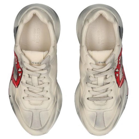 Gucci White Rhyton Leather Sneakers Gucci Rhyton Red Mouth Lips Tongue Shoes - Picture 3 of 16